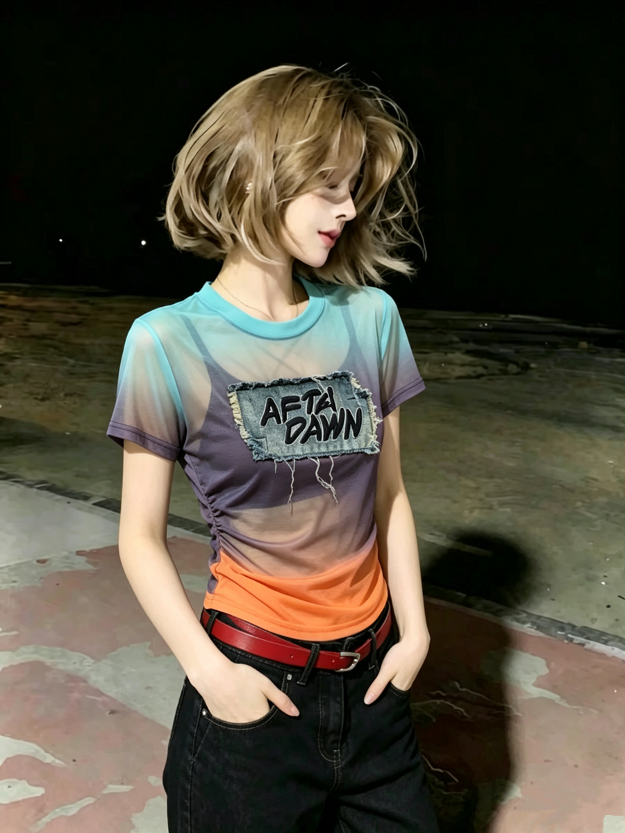 大貨 夏季新款撞色潮流拼接短袖網紗短袖T恤女上衣透氣歐美風時尚