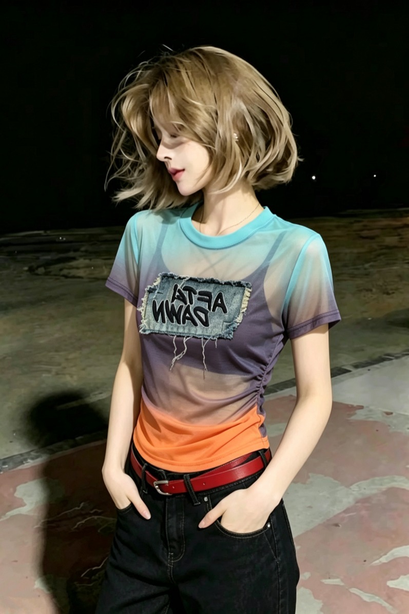 大貨 夏季新款撞色潮流拼接短袖網紗短袖T恤女上衣透氣歐美風時尚