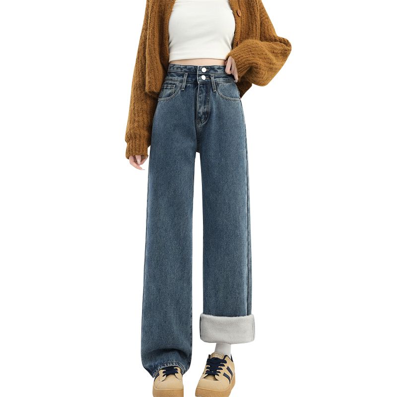 MY15333# 直筒宽松牛仔裤高腰阔腿排扣加绒百搭显瘦拖地裤加长女裝貨源...