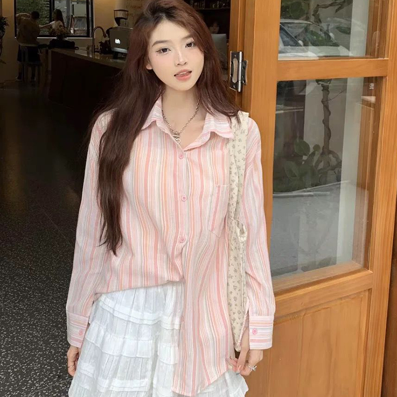 MY9505# 韩版慵懒风条纹翻领长袖防晒衬衫女装新款上衣夏季宽松休闲外穿女裝貨源服裝批發