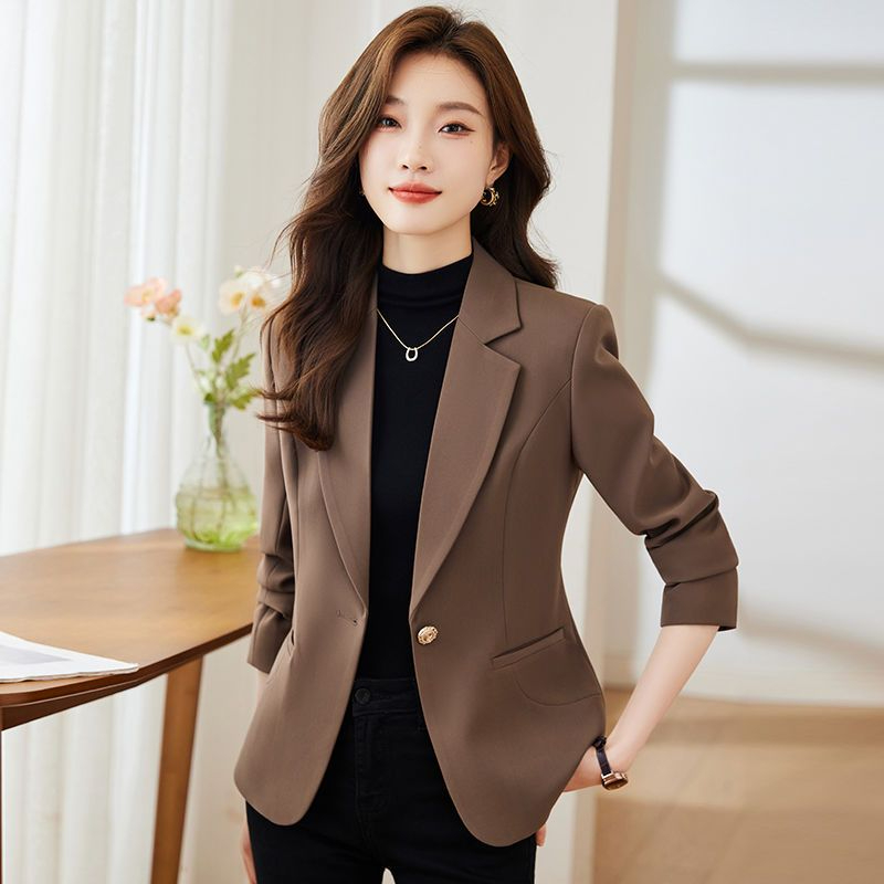 MY12220# 韩版咖色西装外套女新款时尚百搭轻熟风小个子休闲西服上衣女裝貨源服裝批發