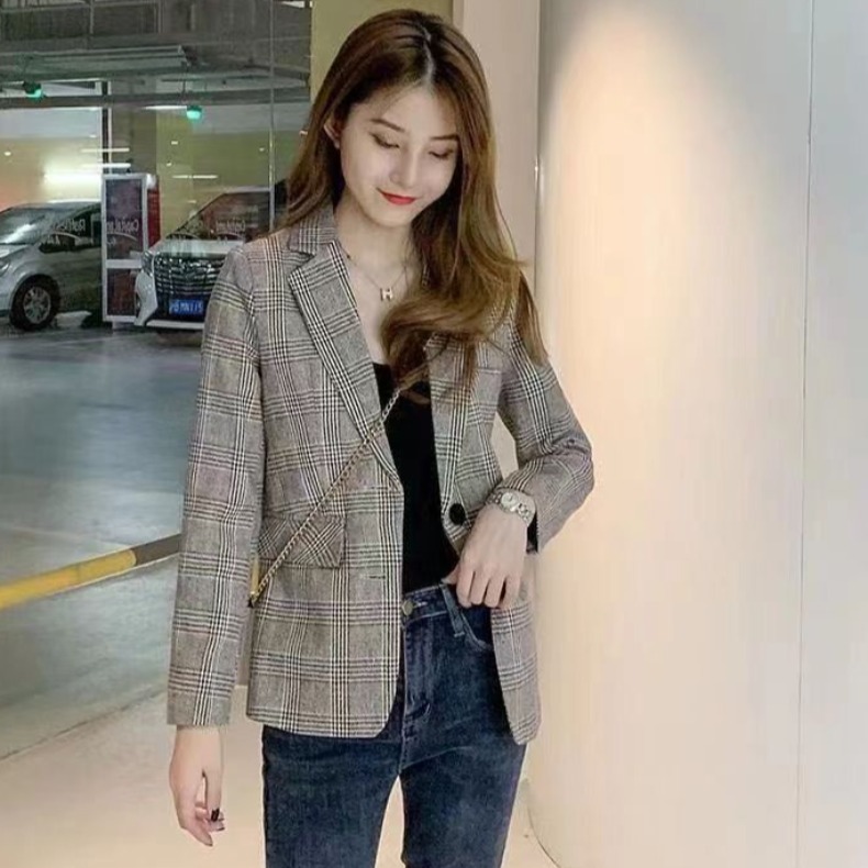 MY12222# 韩版小西装外套女春秋薄款新款学生短款网红小个子气质格子西服女女裝貨源服裝批發