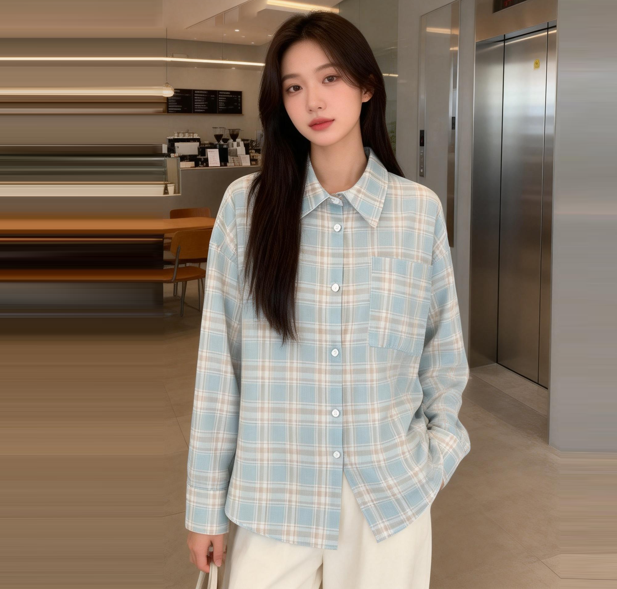 MY17085# 新款美式复古薄款格子长袖衬衫外套夏季设计防晒开衫宽松衬衣...