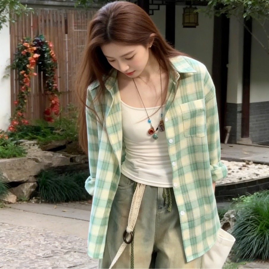 RY355# 韩系绿色格子衬衫女上衣春季宽松POLO领开衫百搭休闲学院风防...