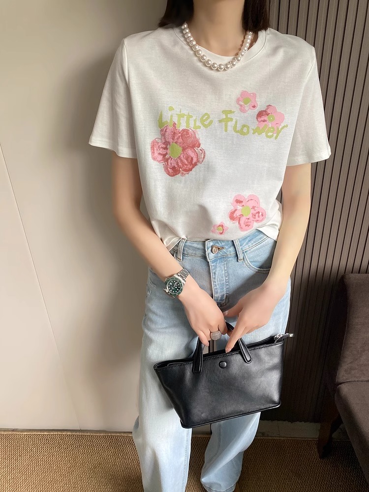 MY17026#  21支纯棉100%棉字母花朵印花短袖T恤女女裝貨源服裝批發