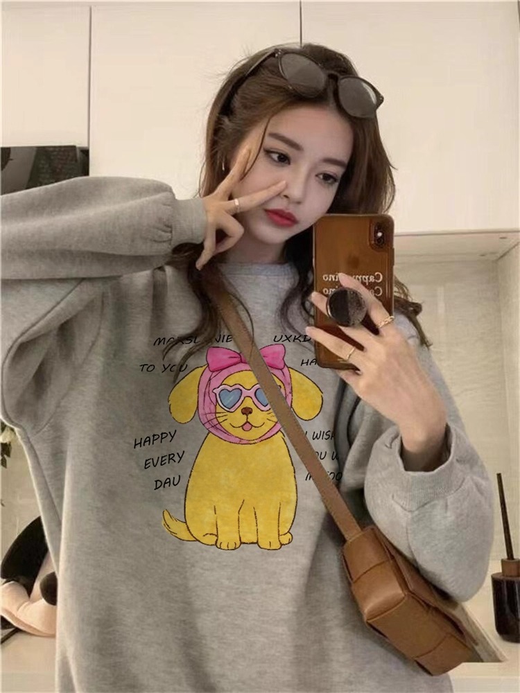 MY14595# 华棉复合-薄款/加绒 秋冬装加绒圆领卫衣女印花宝宝绒女裝...