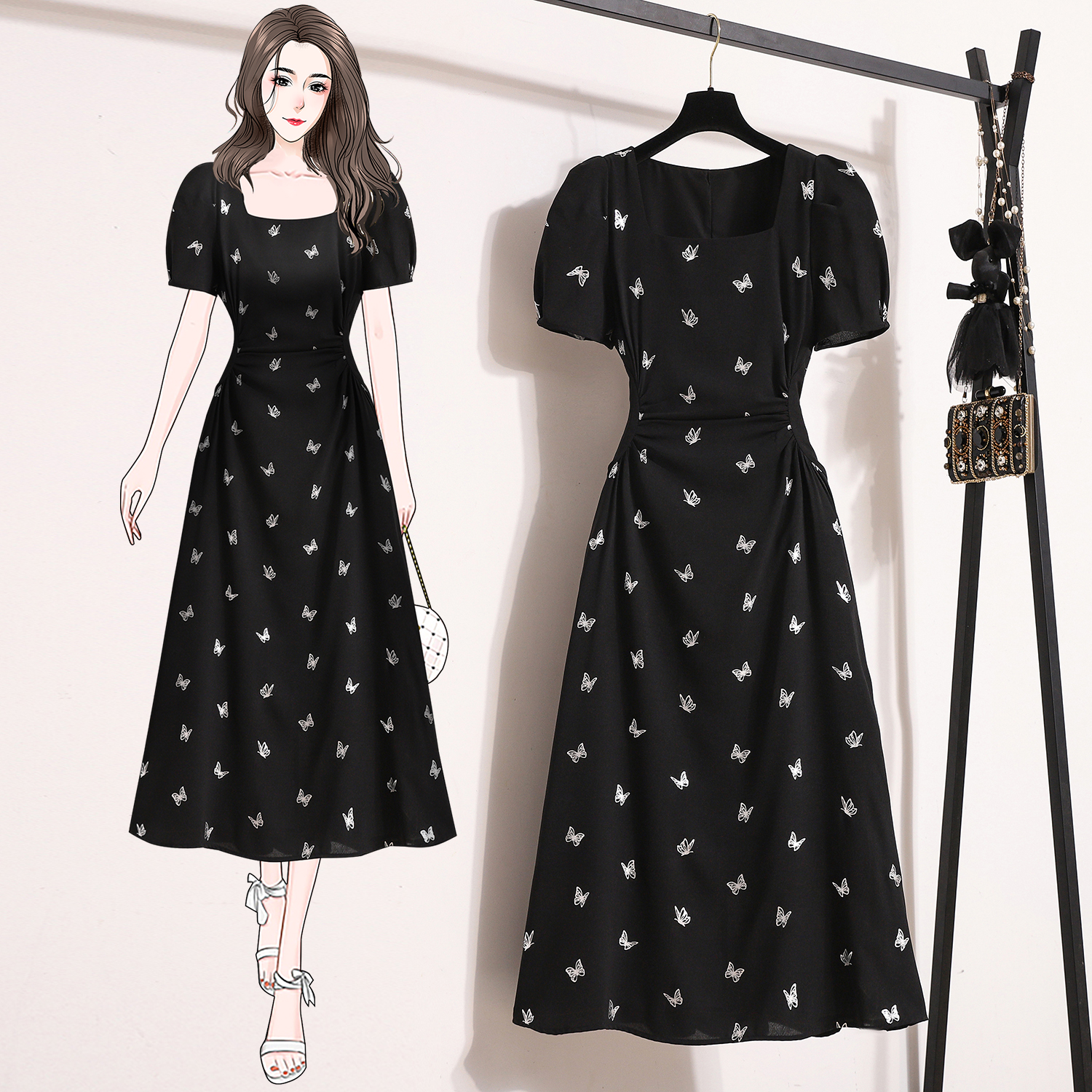 RY633# 实拍大码女装2026夏季新款微胖妹韩版气质黑色蝴蝶印花显瘦连衣裙