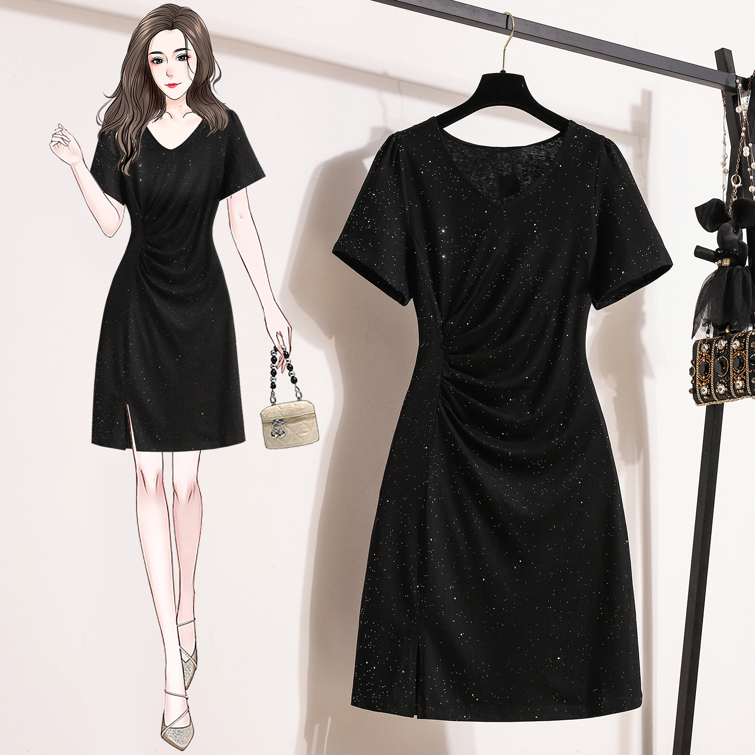 RY3003# 实拍大码女装2026夏季新款亮晶晶连衣裙微胖妹修身显瘦气质...