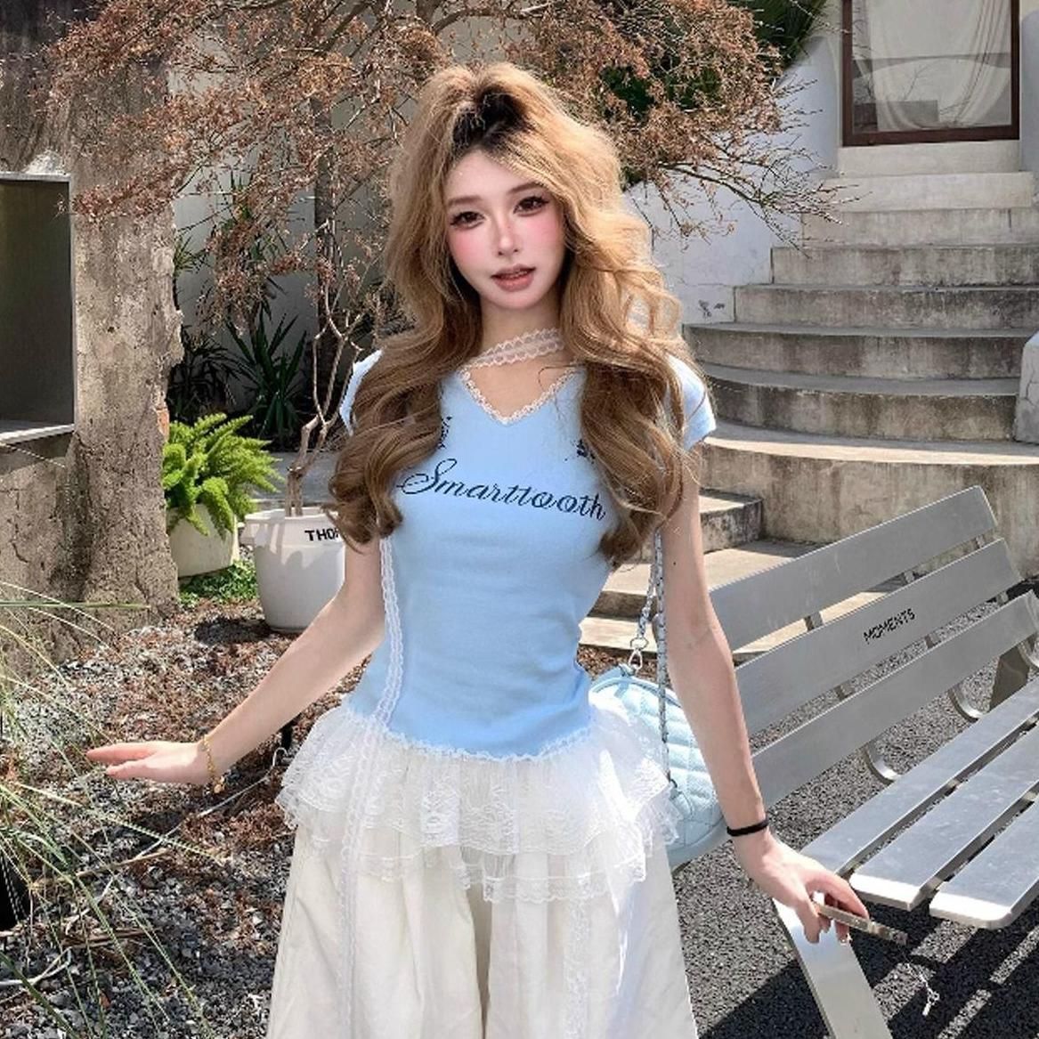 MY11238# 设计感蕾丝拼接V领短袖印花t恤女夏季辣妹纯欲风修身显瘦正...