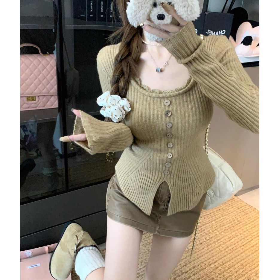 MY14822# 韩版纯色蕾丝拼接长袖针织衫女装新款修身显瘦设计感百搭上衣...