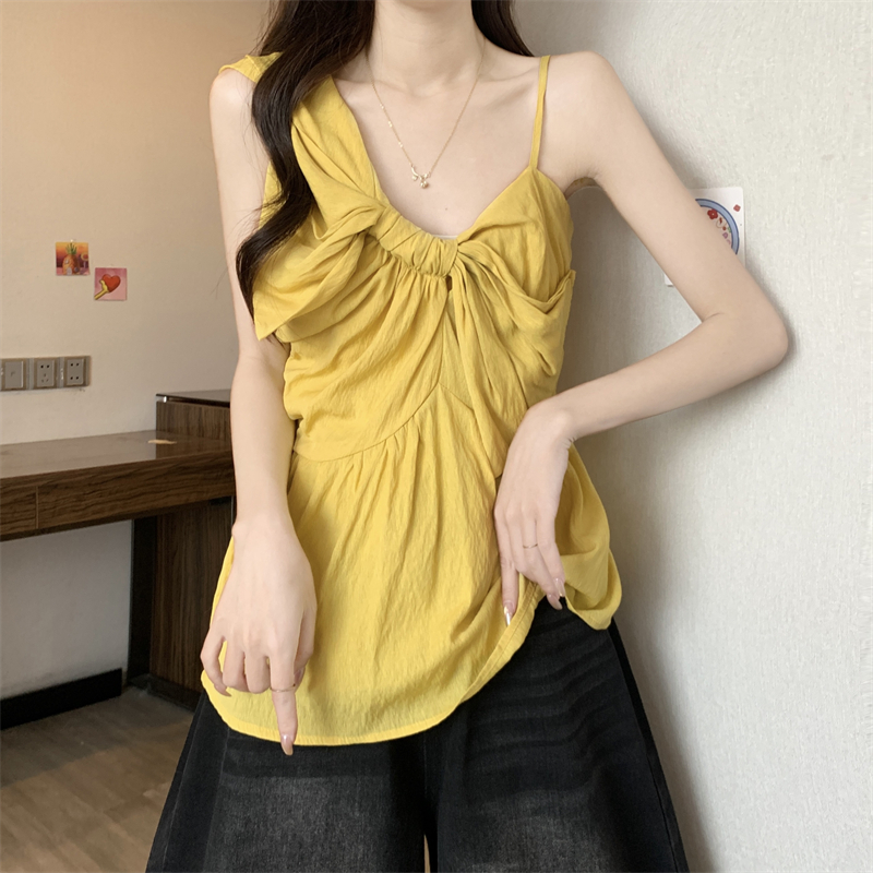 FA36551# 新款小众设计款立体蝴蝶结装饰不对称吊带雪纺衬衣 服裝批發女裝批發服飾貨源