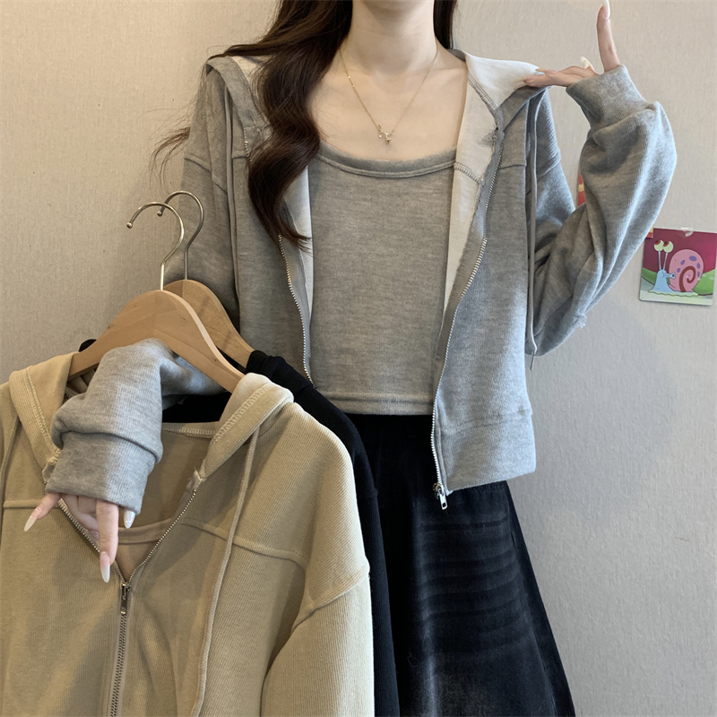 MY15797# 韩版新款连帽拉链短款长袖卫衣女+吊带女裝貨源服裝批發