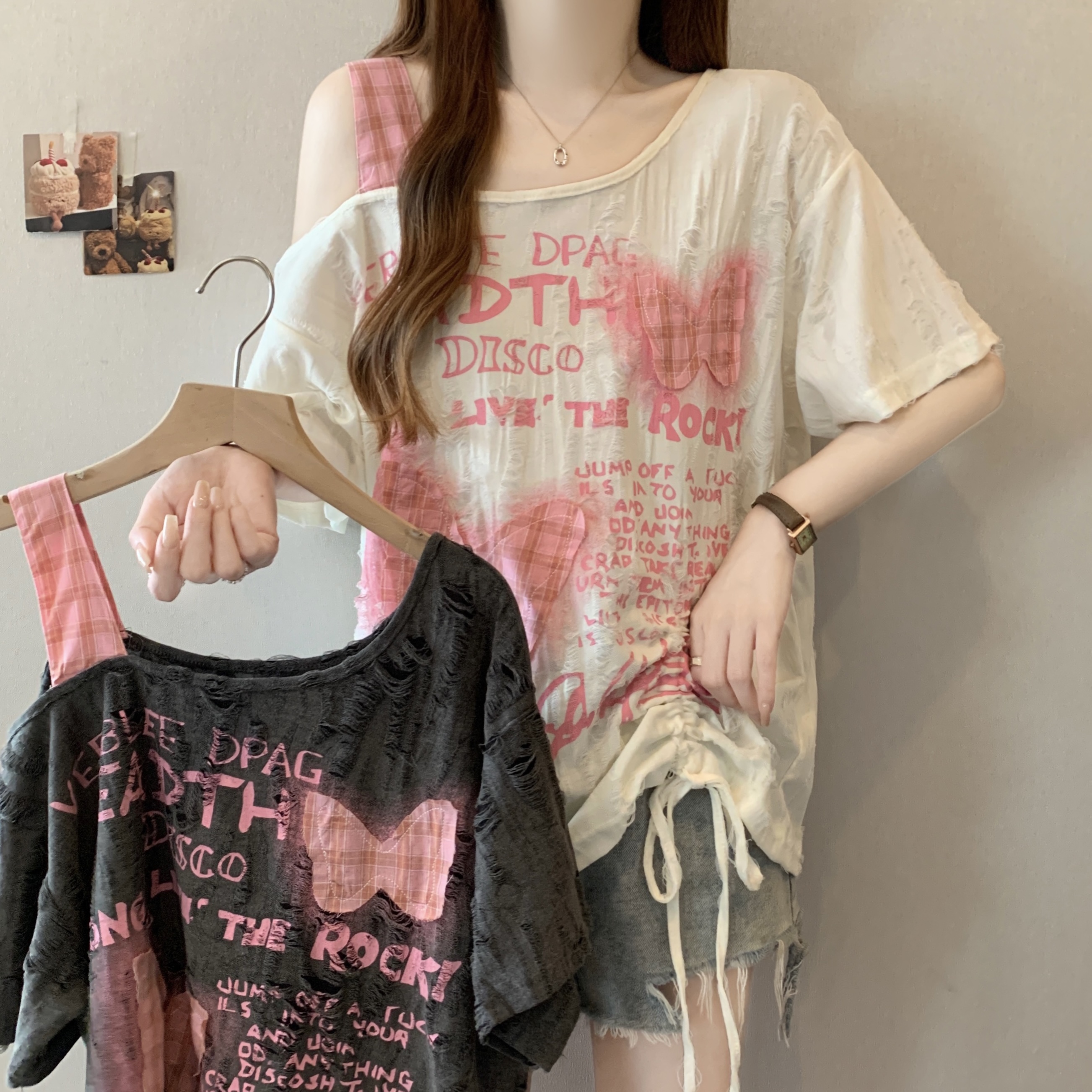 MY8848# 甜美粉色蝴蝶结斜肩短袖T恤女夏大码胖MM宽松遮肚不规则抽绳上衣女裝貨源服裝批發