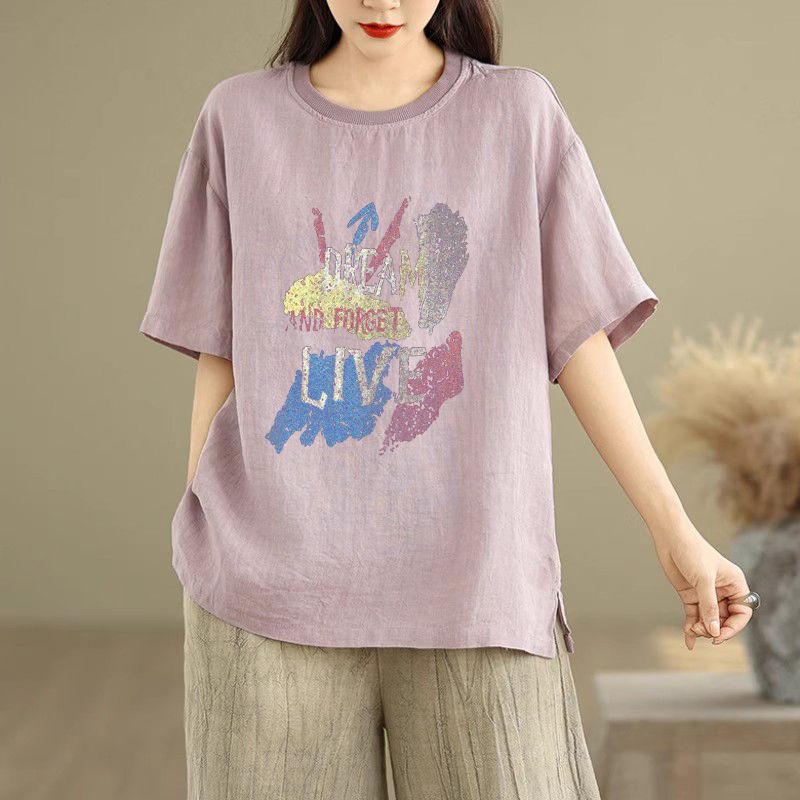 MY10731# 复古棉麻印花上衣女文艺套头衫短袖气质T恤夏季麻衫大码显瘦...