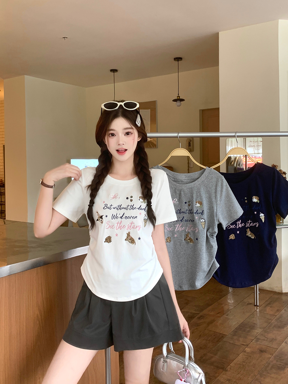 MY7864# 大码女装夏基础款圆领正肩刺绣短袖T恤上衣女裝貨源服裝批發