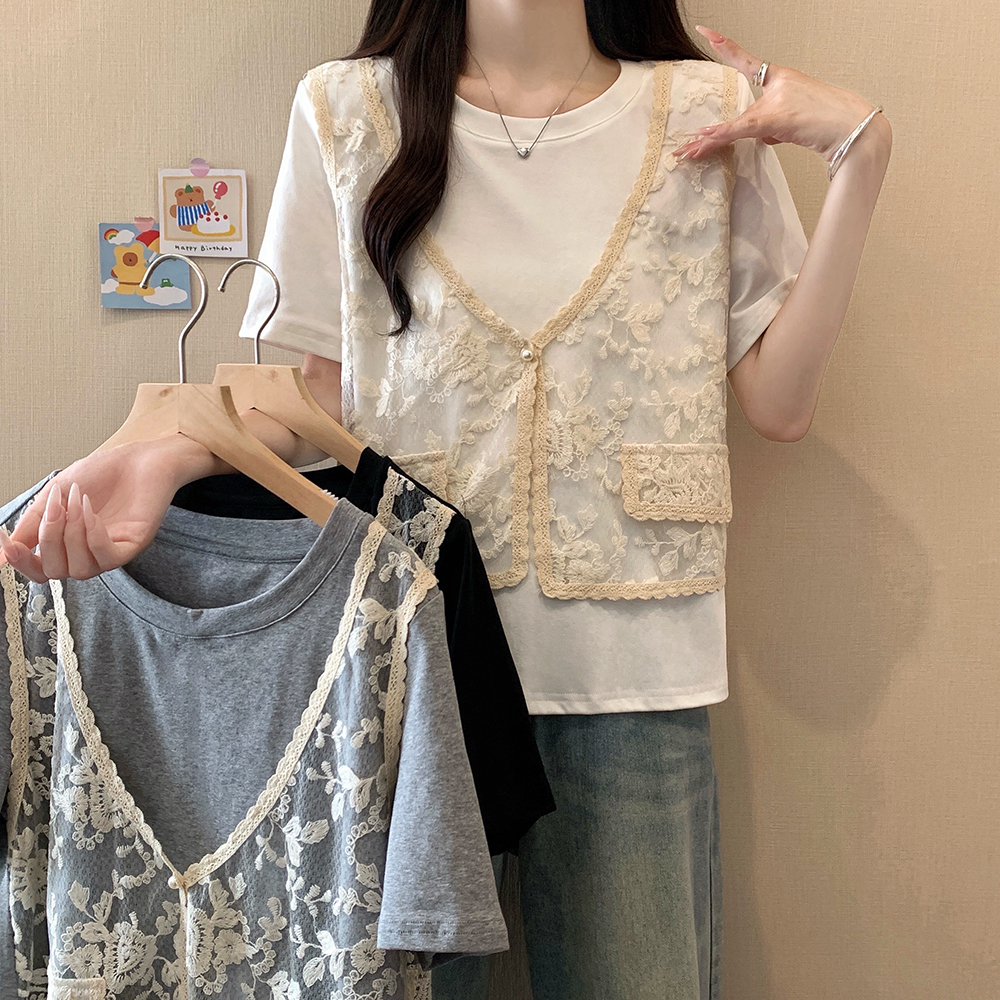 MY7862# 大码女装新款蕾丝马甲拼色两件套短袖T恤女裝貨源服裝批發