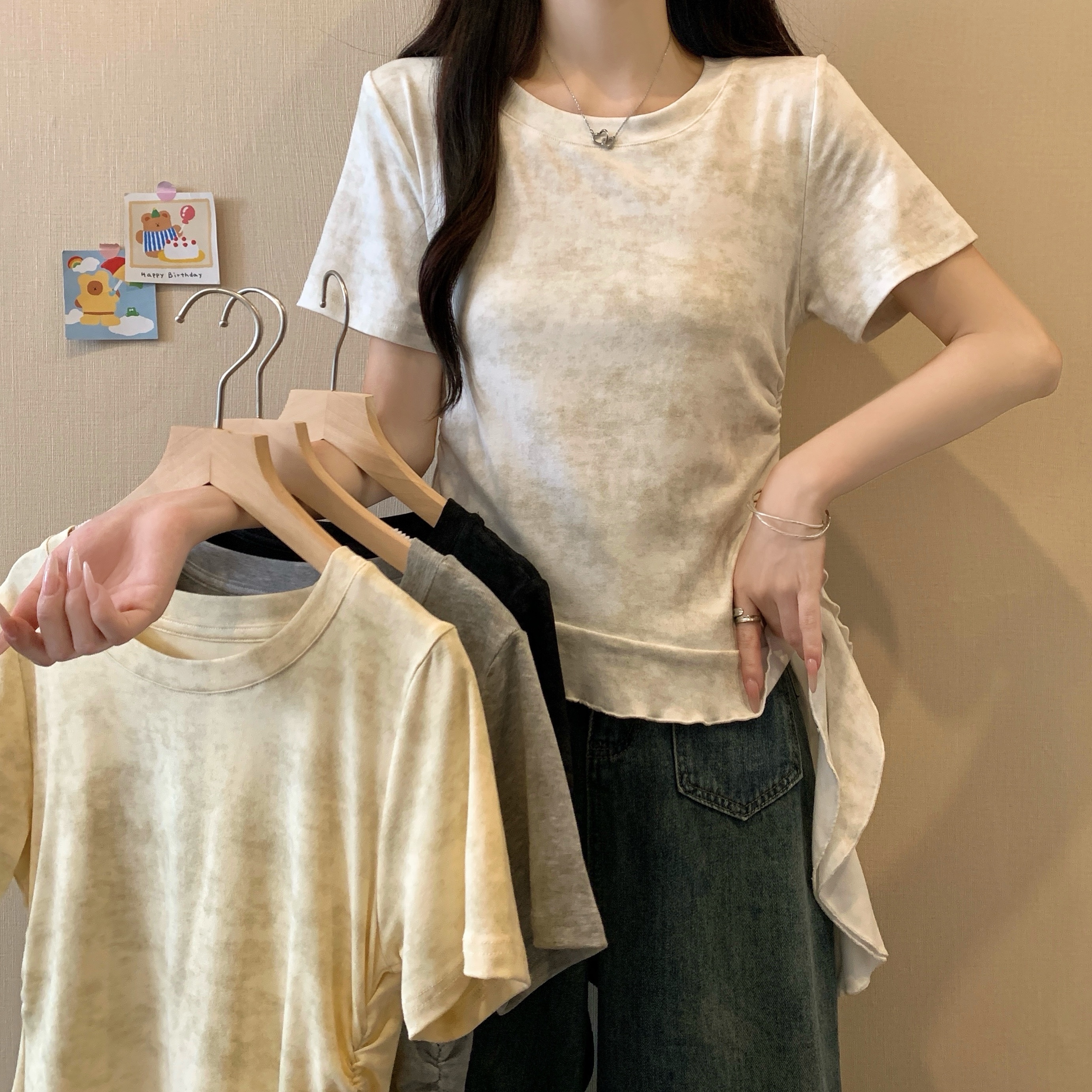 BY9090#新款大码女装圆领扎染荷叶边正肩短袖T恤上衣女裝貨源服裝批發
