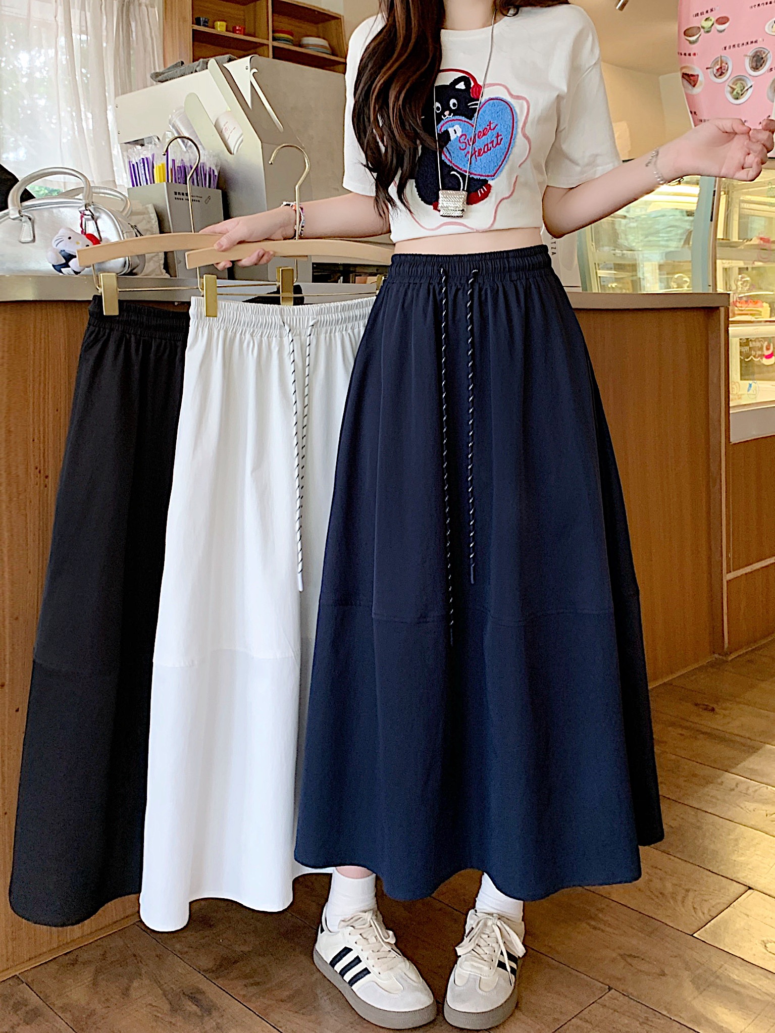 MY13181# 大码女装新款a字裙松紧腰抽绳显瘦半身裙女裝貨源服裝批發