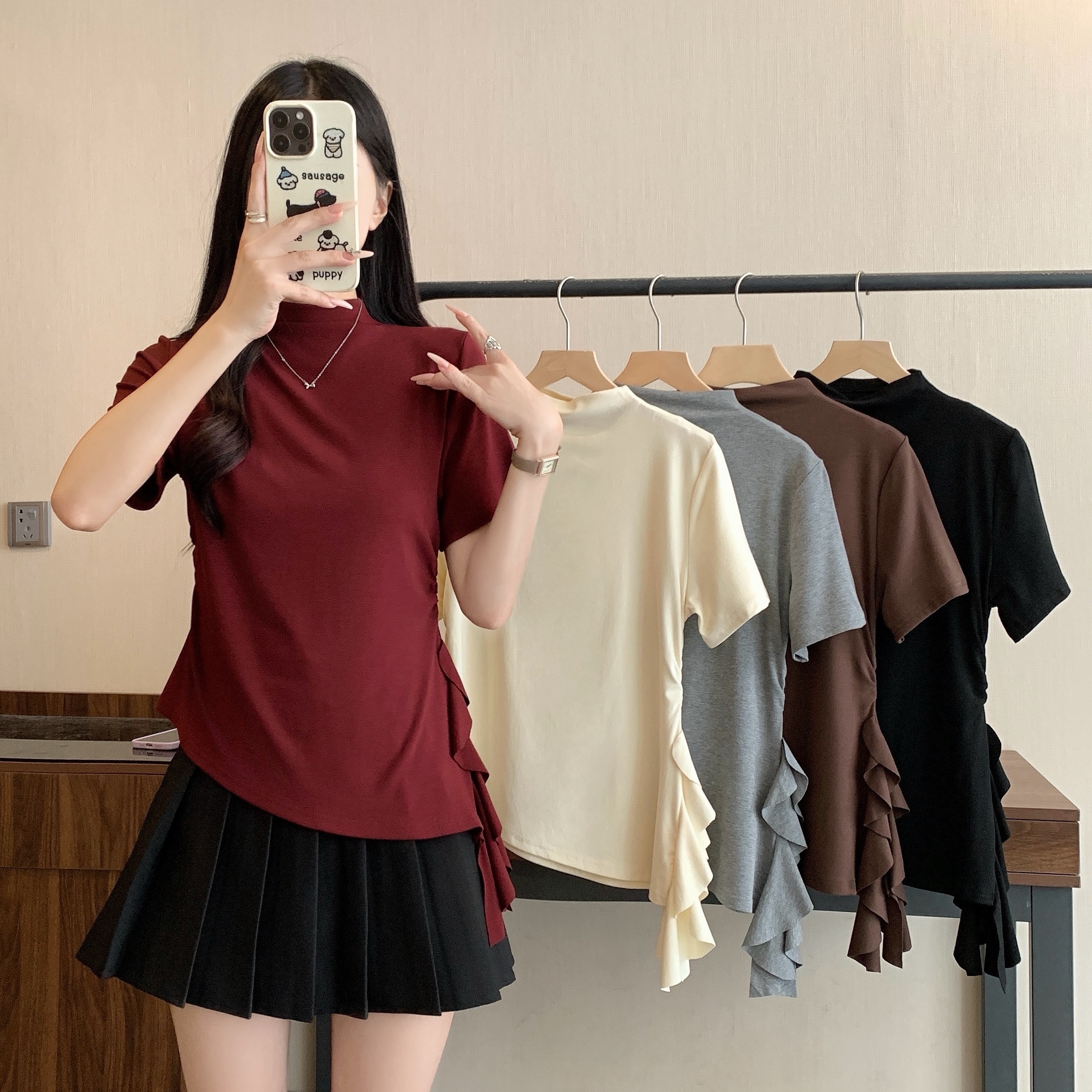 MY13187# 新款半高领正肩设计感荷叶边T恤上衣女裝貨源服裝批發