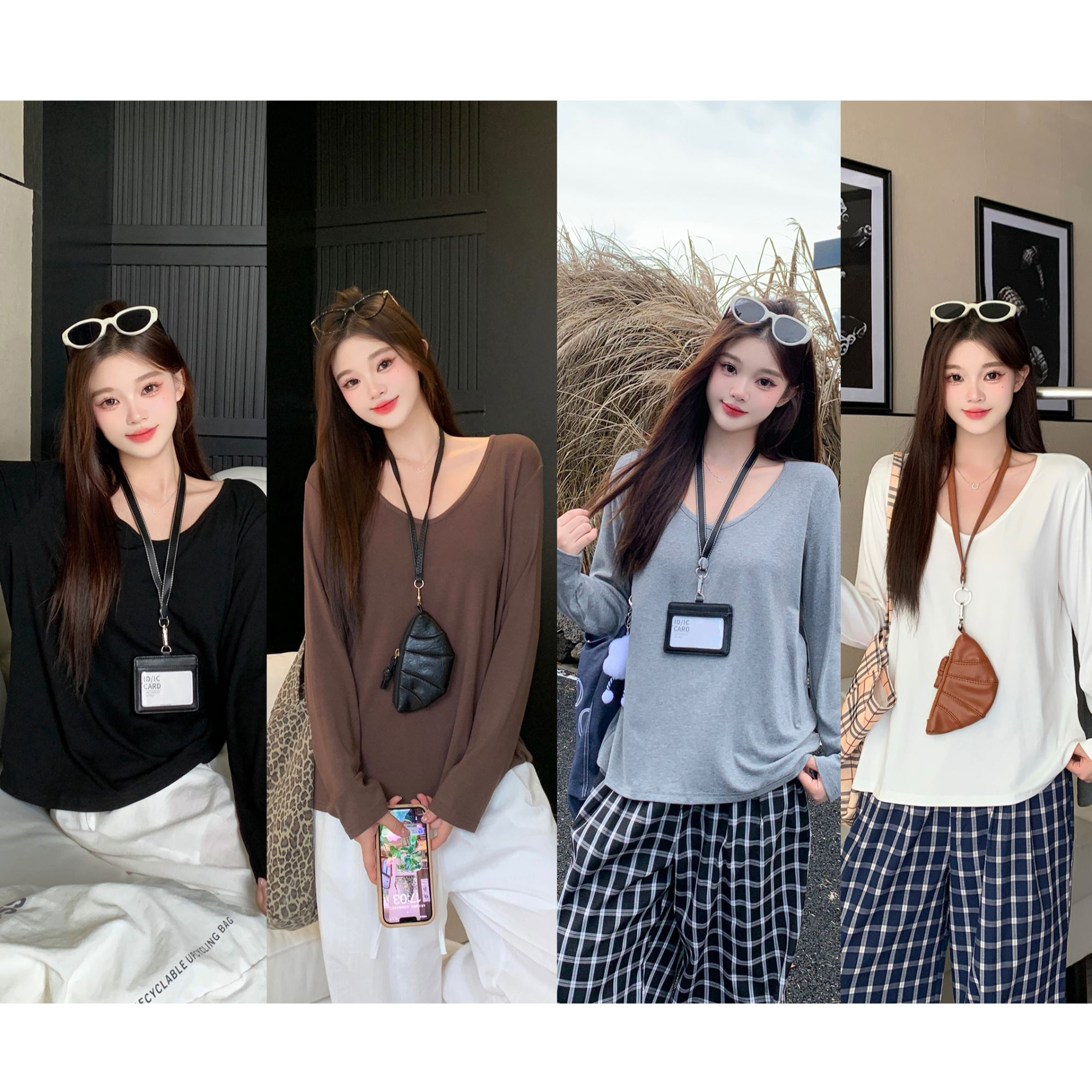 MY13184# 新款长袖U领宽松显瘦基础款T恤上衣女裝貨源服裝批發