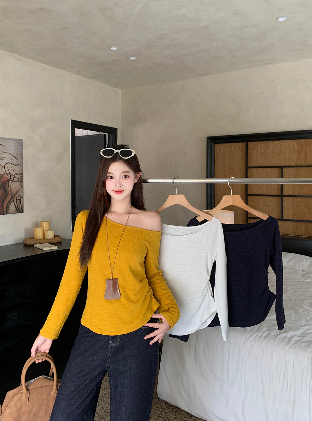 MY13177# 大码女装新款辣妹风斜肩条纹长袖上衣女裝貨源服裝批發