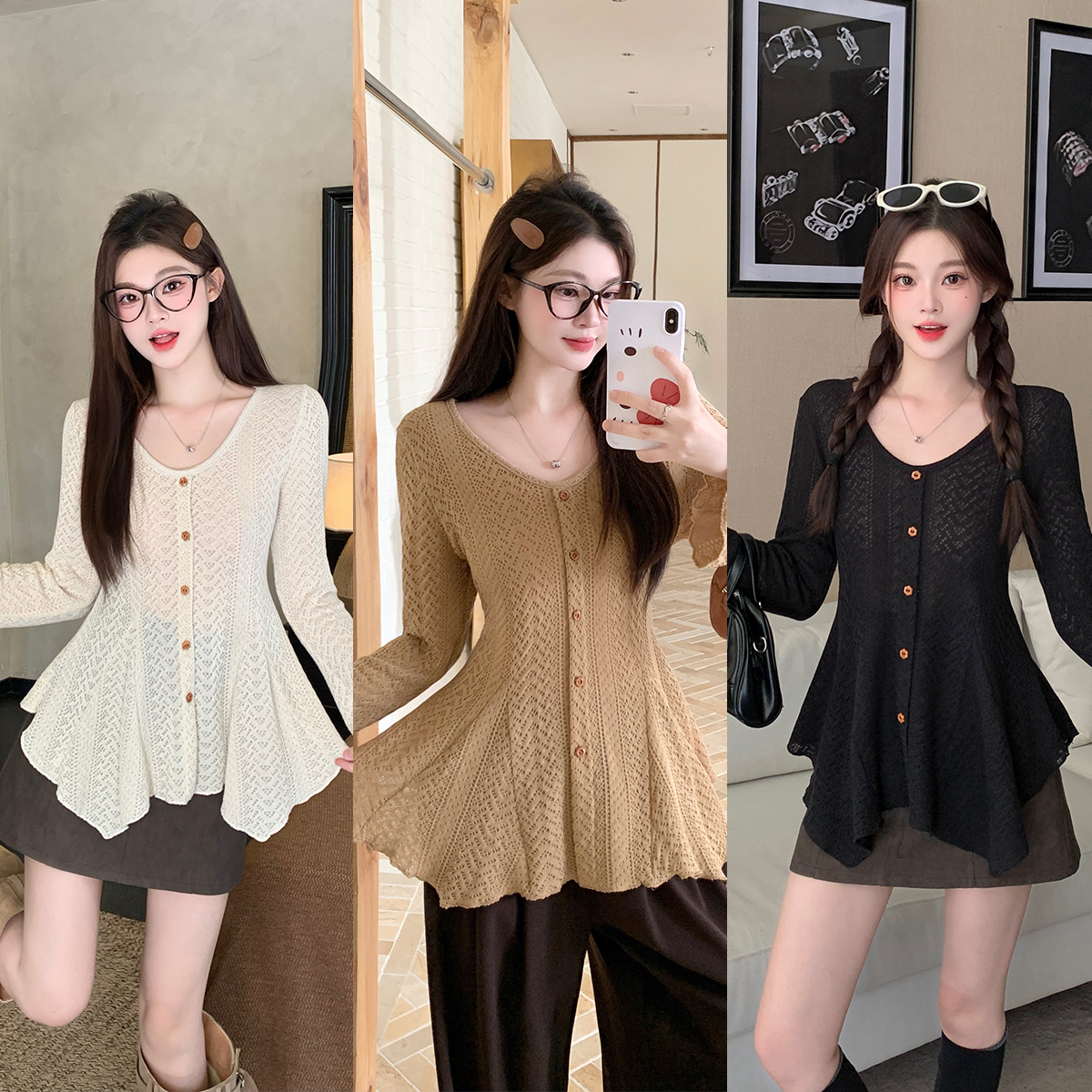 MY13172# 大码女装喇叭袖不规则下摆收腰修身针织衫女裝貨源服裝批發