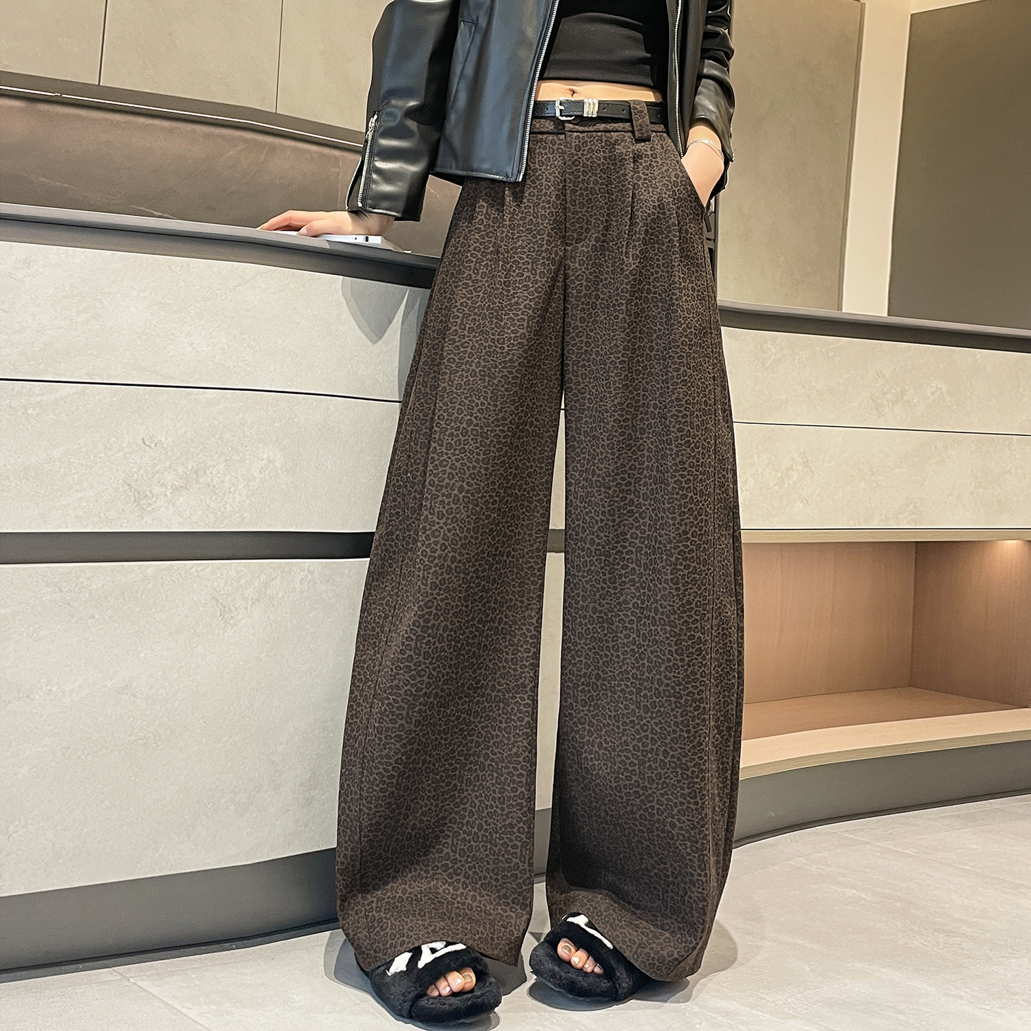 棕色毛呢褲子女款闊腿褲女2025新款秋冬款豹紋加厚加絨褲拖地長褲
