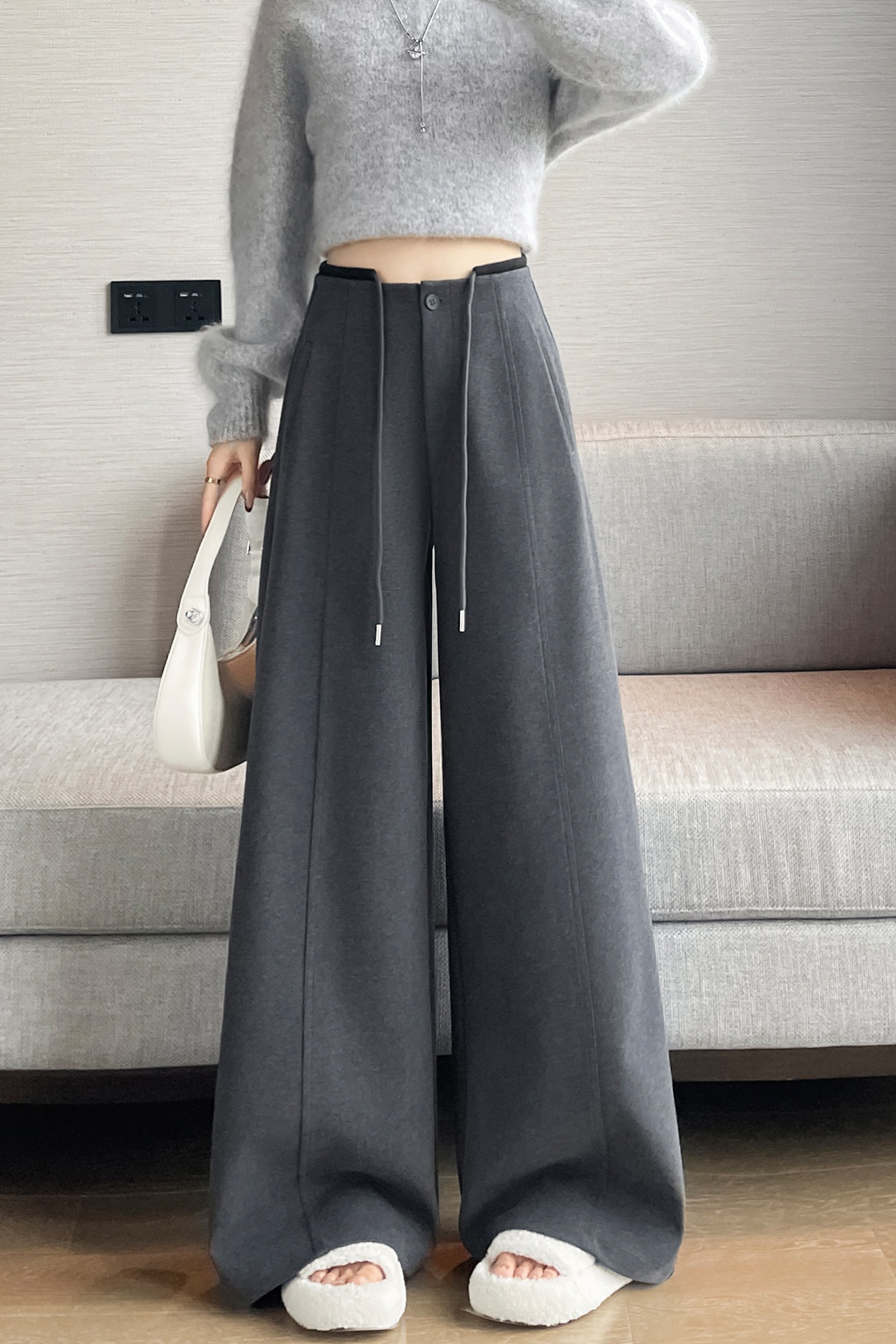 灰色醋酸休閑褲女秋冬2025新款高腰垂感糯米褲寬松加絨加厚闊腿褲