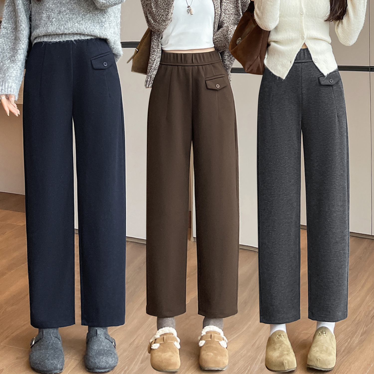 毛呢奶奶九分褲女加厚2025秋冬新款小個子寬松顯瘦直筒休閑哈倫褲