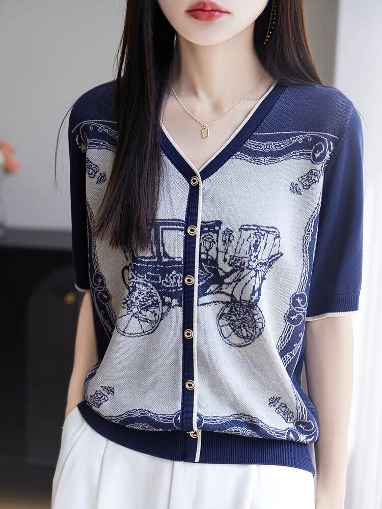 RY3306# 2026春夏新款针织短袖开衫女V领外搭空调衫外套