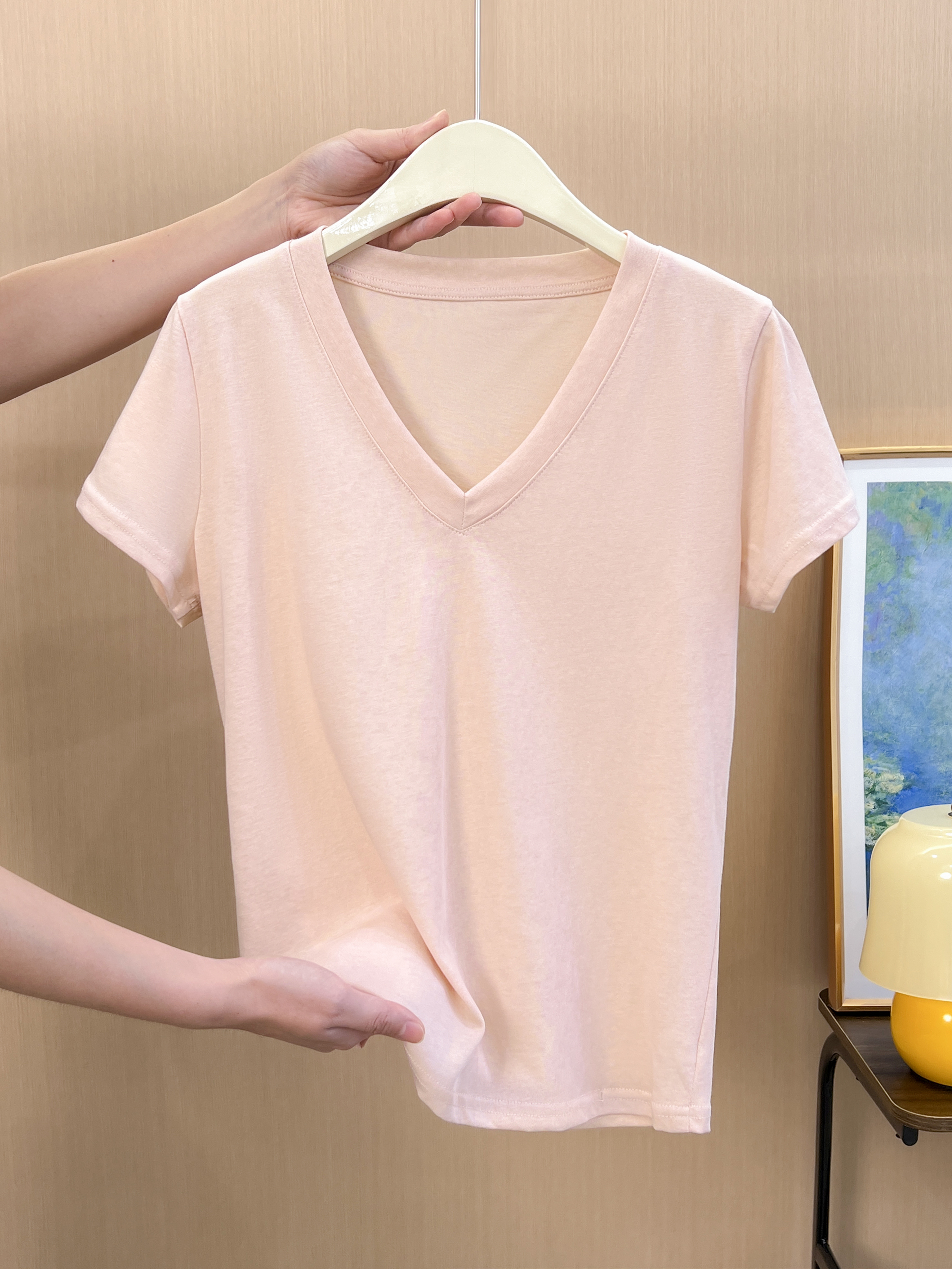 MY12479#粉色v领正肩短袖t恤女夏上衣女裝貨源服裝批發