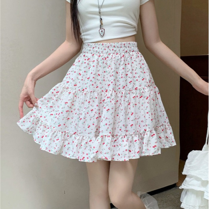 實拍~半身裙夏款新款女裝韓版時尚碎花櫻桃高腰短裙寬松a字裙子夏