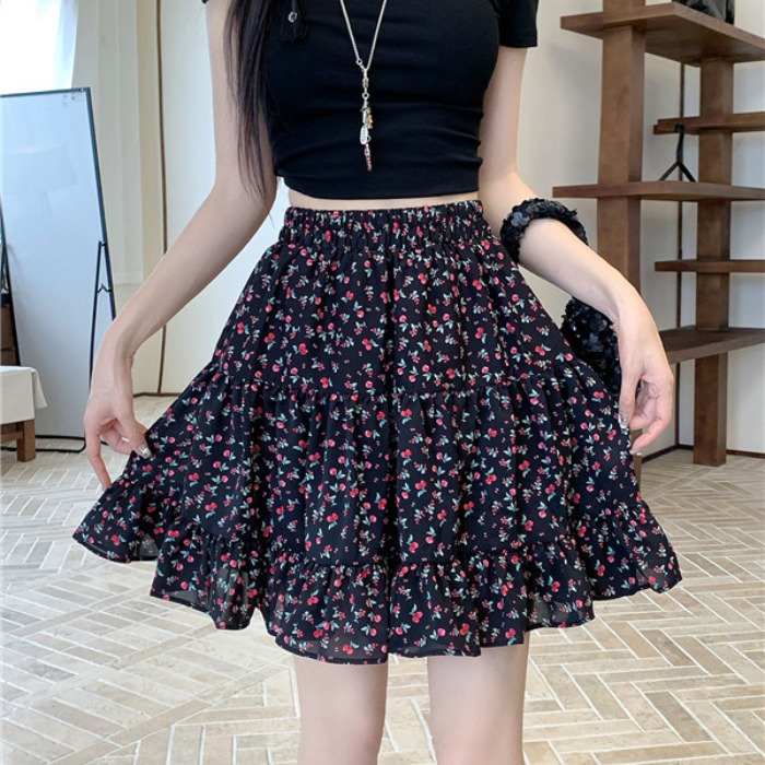 實拍~半身裙夏款新款女裝韓版時尚碎花櫻桃高腰短裙寬松a字裙子夏