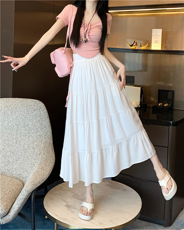 實拍~半身裙女韓版a字裙高腰顯瘦拼接蛋糕裙百搭中長款裙子