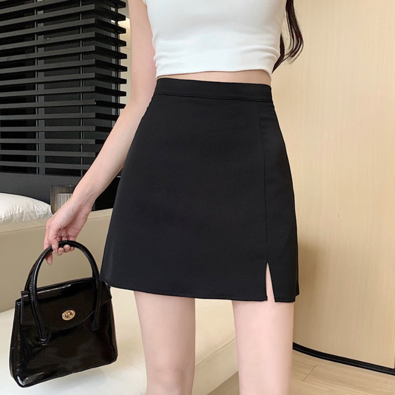 實拍~六色半身裙左邊開叉女高腰A字裙防走光開叉短裙包臀裙