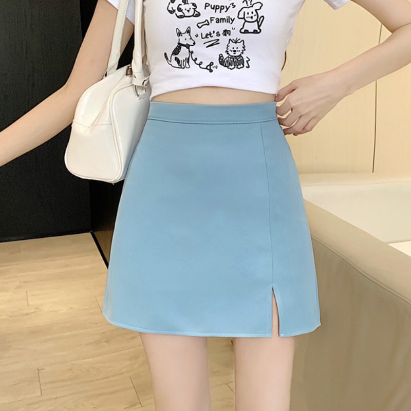 實拍~六色半身裙左邊開叉女高腰A字裙防走光開叉短裙包臀裙