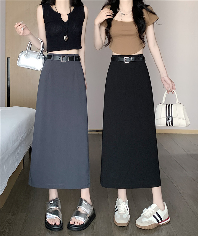 實拍~早秋后松緊腰高級感西裝半身裙女高腰a字后開叉長裙贈腰帶
