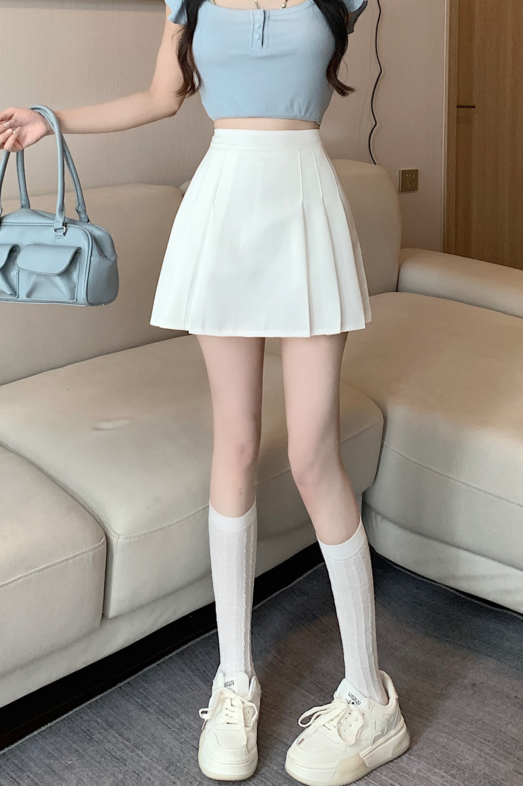 實拍新款韓版西服百褶半身裙女夏季高腰顯瘦百搭A字半身裙