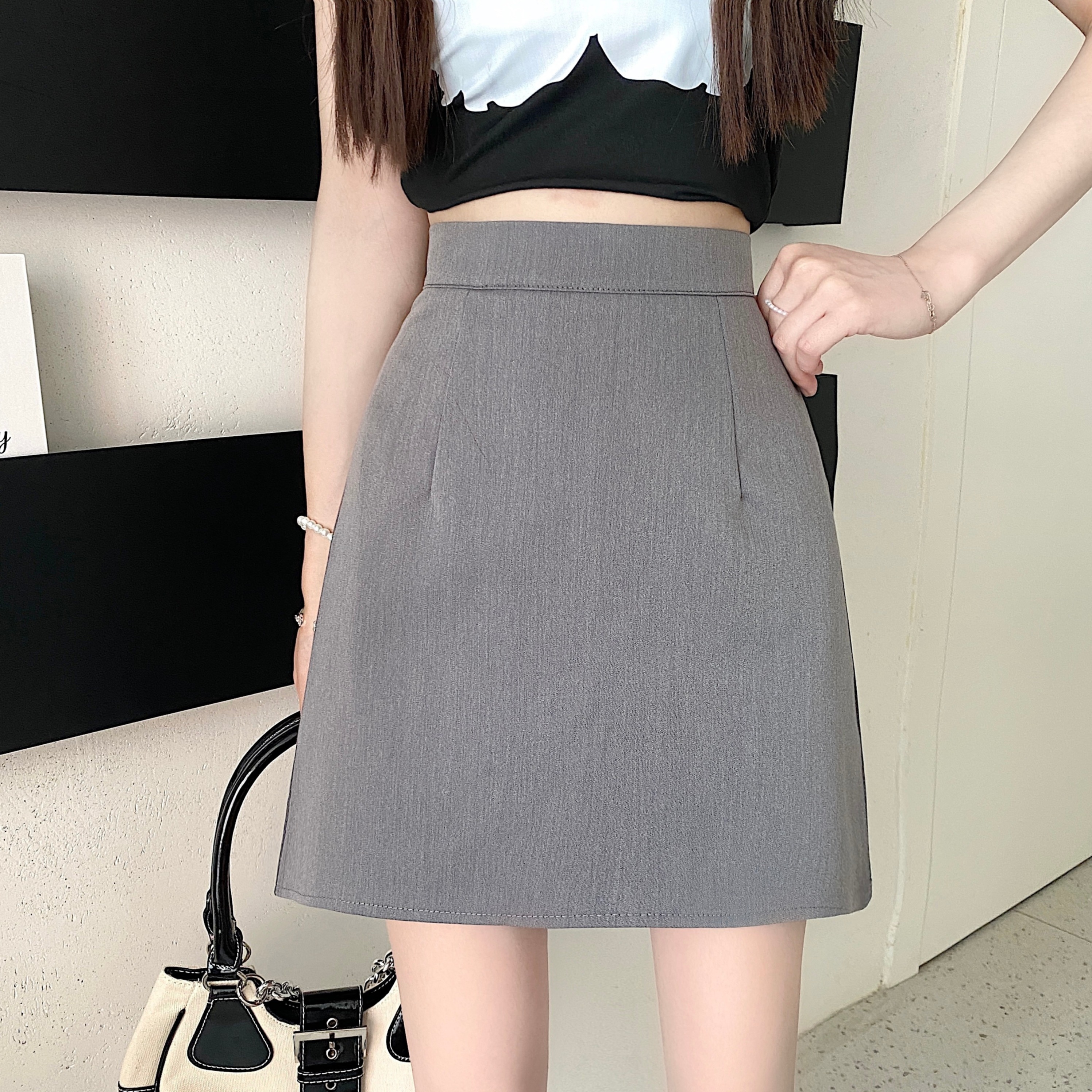 實拍韓版百搭純色半身裙女高腰A字裙防走光短裙包臀裙