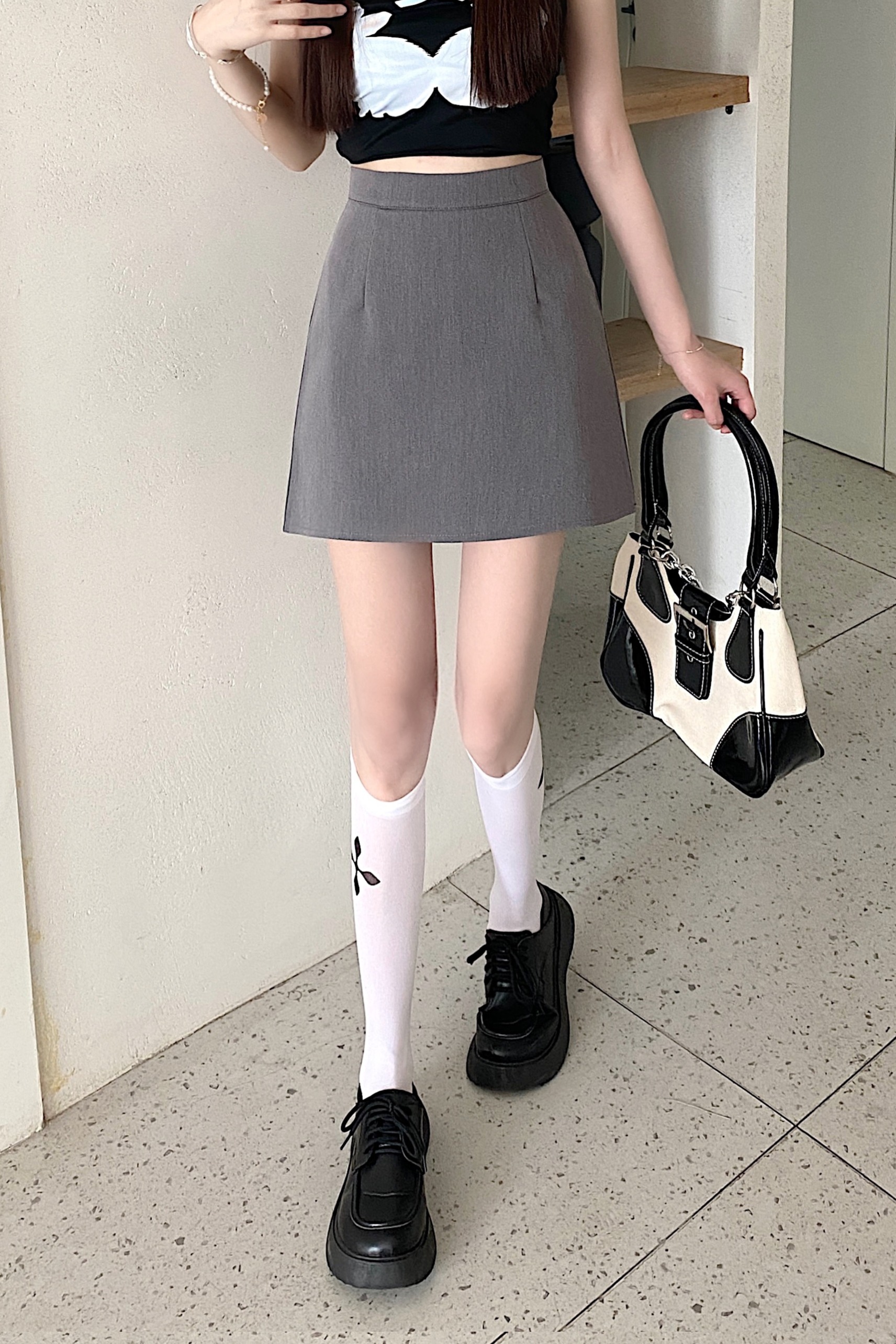 實拍韓版百搭純色半身裙女高腰A字裙防走光短裙包臀裙