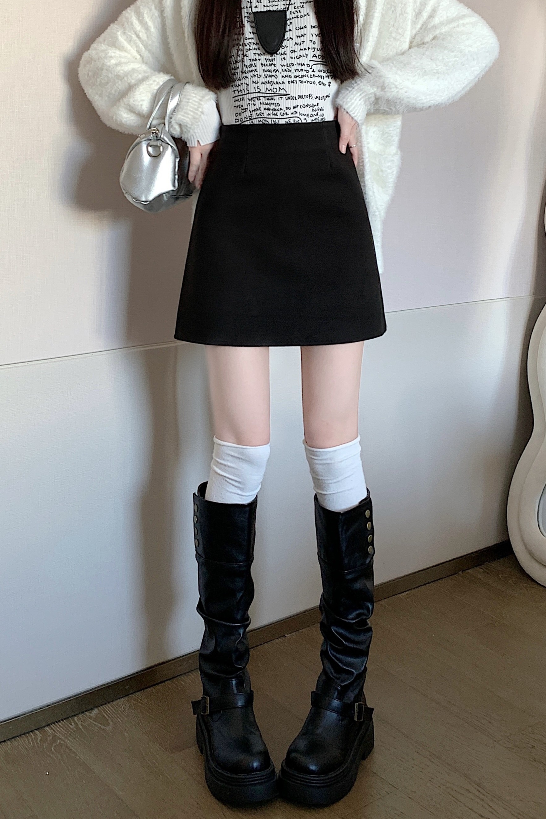 實拍秋冬季新款韓版加厚毛呢秋冬A字高腰學生百搭裙子