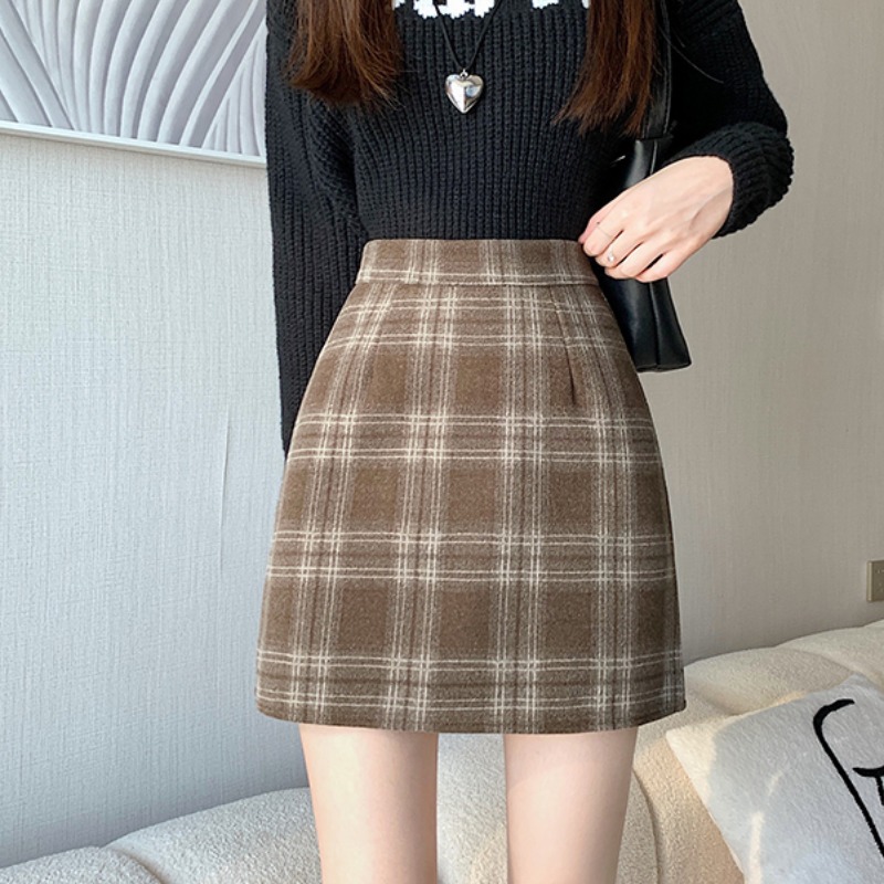 實拍秋冬韓版復古高腰加厚呢子格子包臀A字厚呢子半身裙女