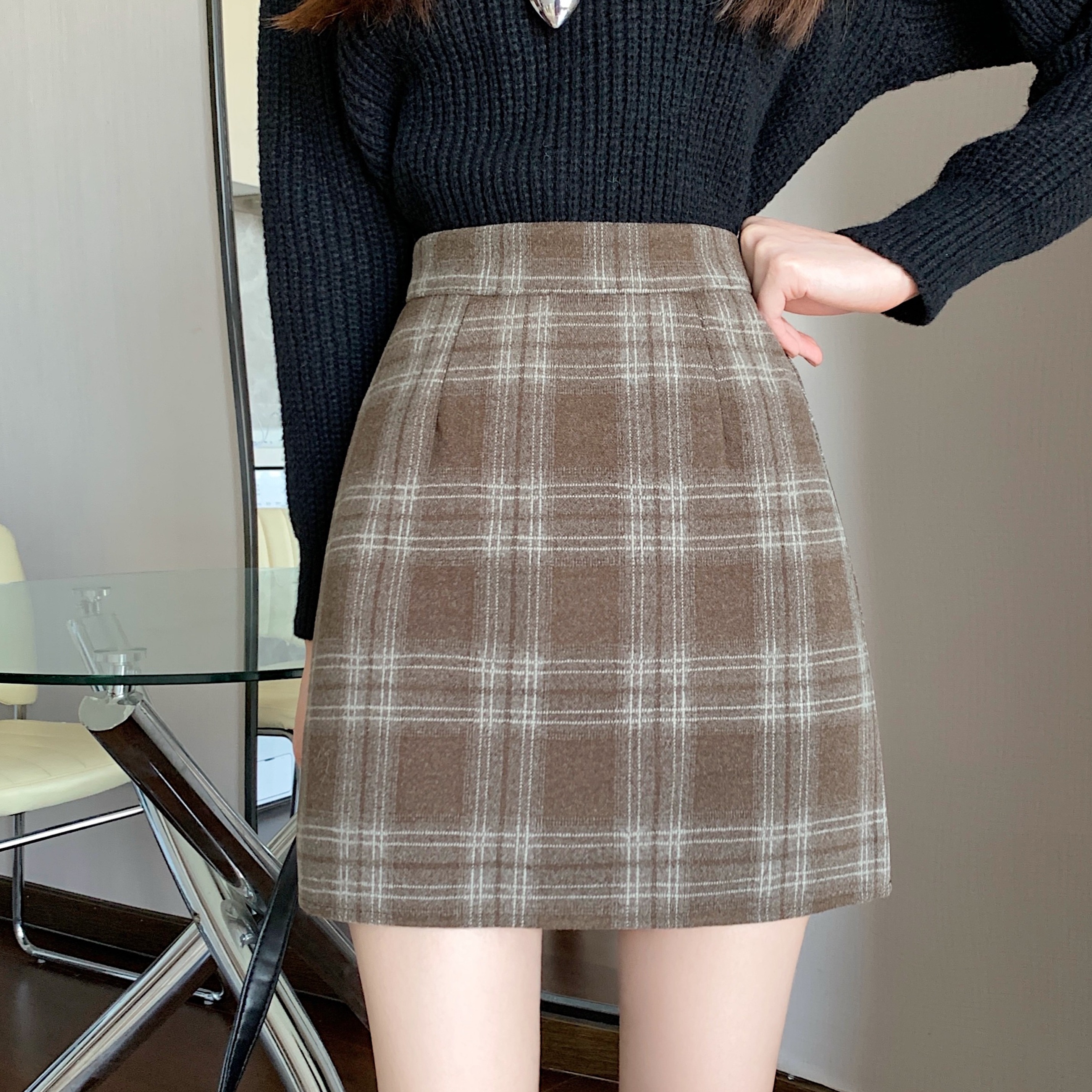 實拍秋冬韓版復古高腰加厚呢子格子包臀A字厚呢子半身裙女