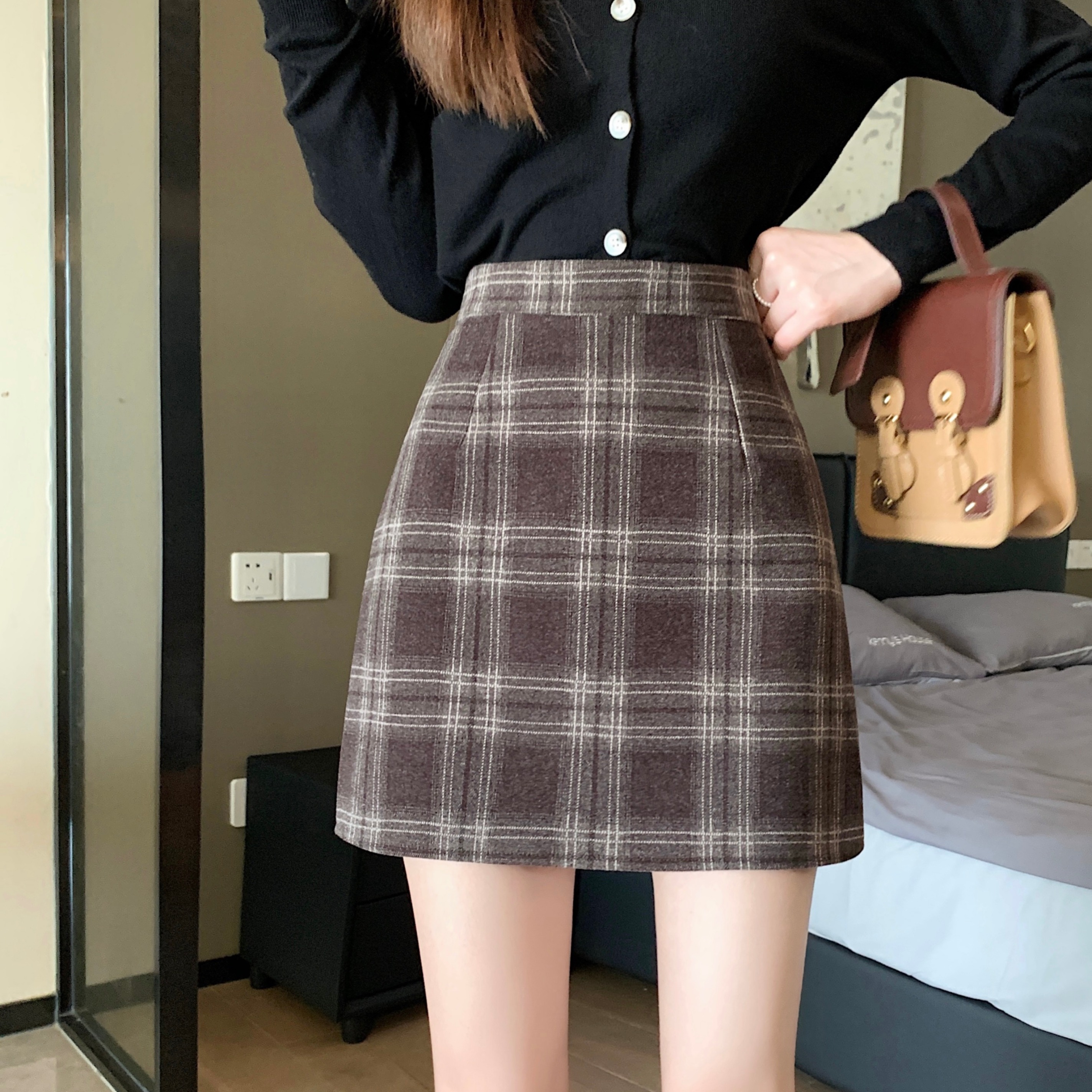 實拍秋冬韓版復古高腰加厚呢子格子包臀A字厚呢子半身裙女