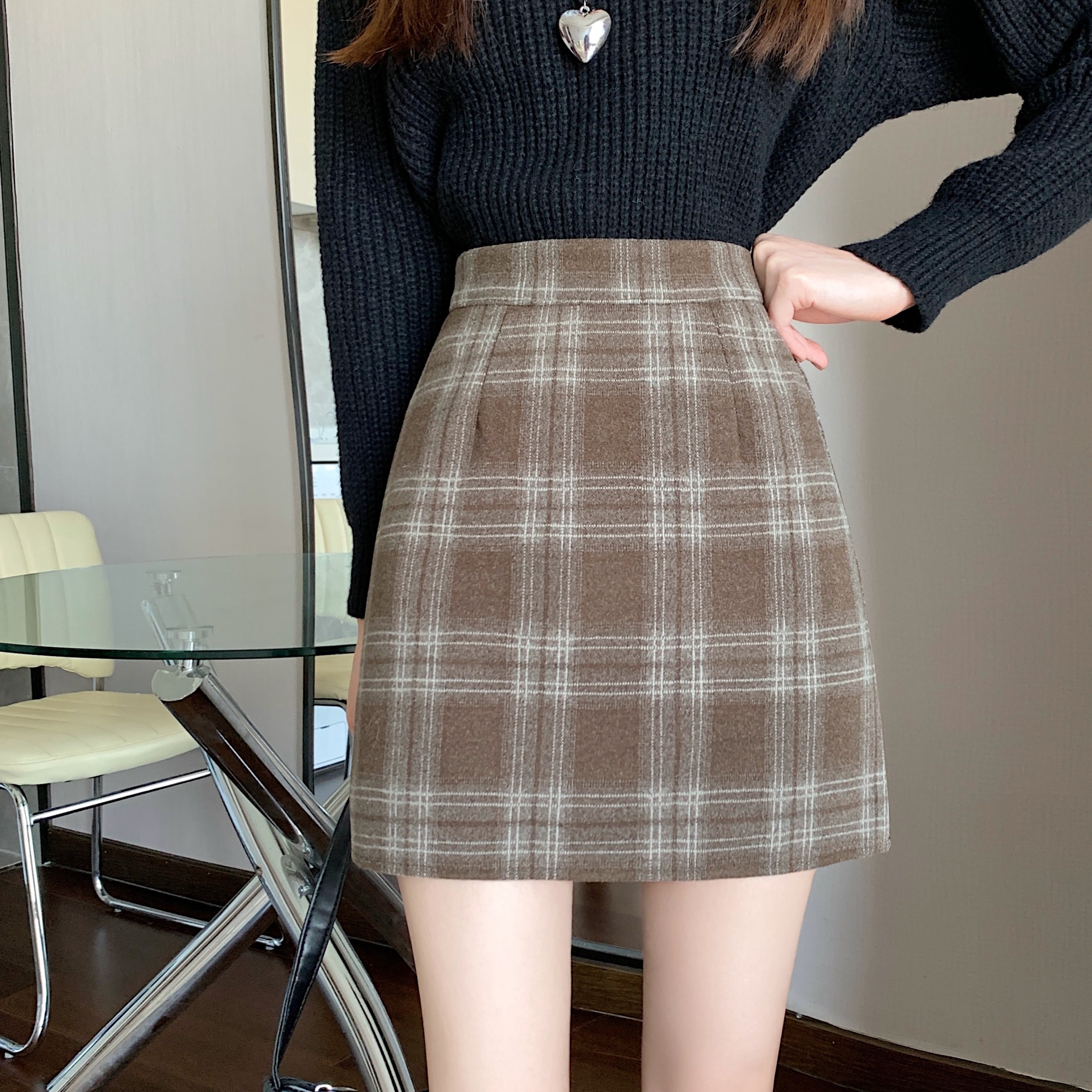 實拍秋冬韓版復古高腰加厚呢子格子包臀A字厚呢子半身裙女
