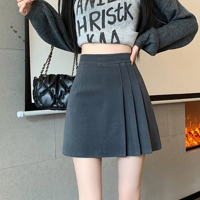 實拍冬季韓版毛呢百褶半身裙女冬季高腰顯瘦百搭A字半身裙