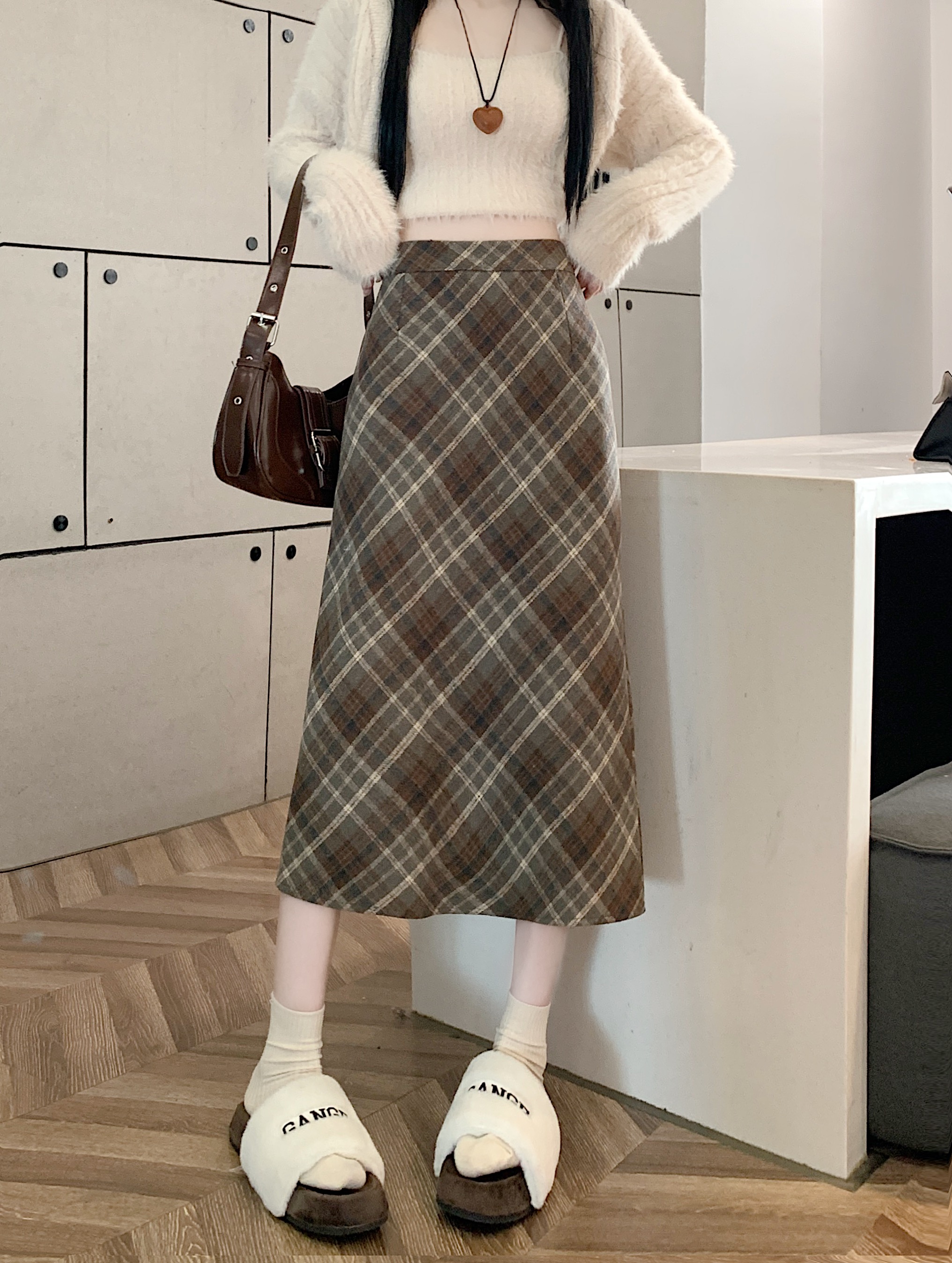 實拍2025年冬季韓版毛呢高腰長裙chi格子中長半身裙女