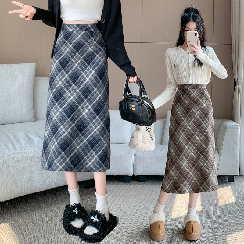 實拍2025年冬季韓版毛呢高腰長裙chi格子中長半身裙女