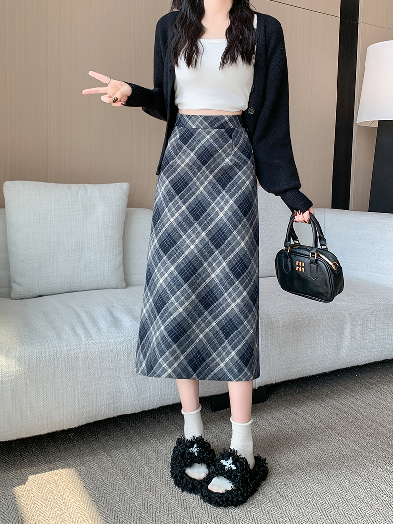 實拍2025年冬季韓版毛呢高腰長裙chi格子中長半身裙女