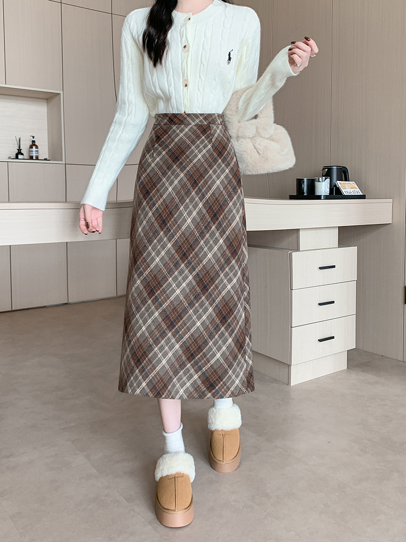 實拍2025年冬季韓版毛呢高腰長裙chi格子中長半身裙女